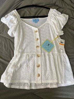 CeCe White Eyelet Peplum Button Front Top